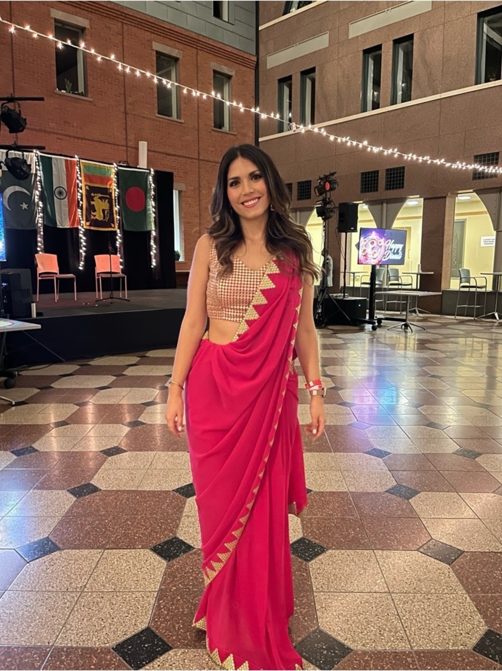 Bright Pink Saree with Gold Trim